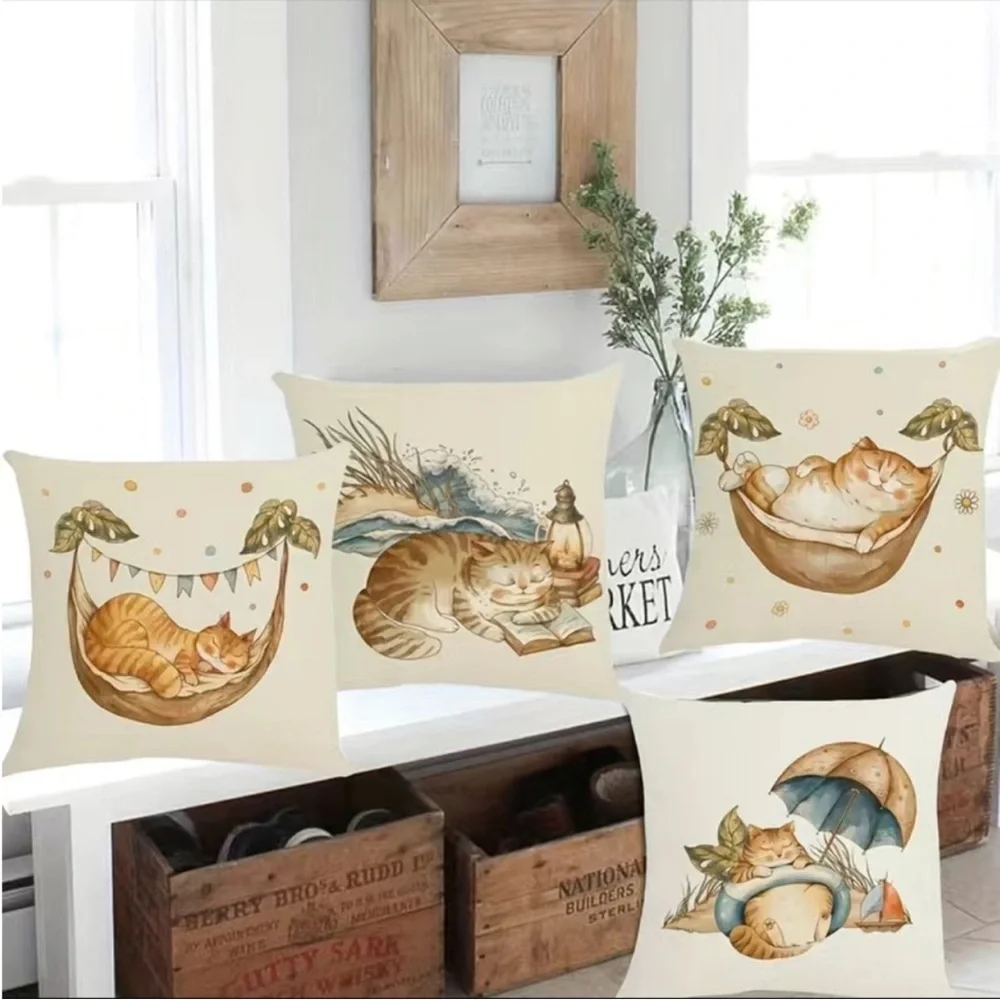 4pcs Cat Modern Sofa Throw Pillow Cover, Decorative Outdoor‎ Linen Blend Fabric